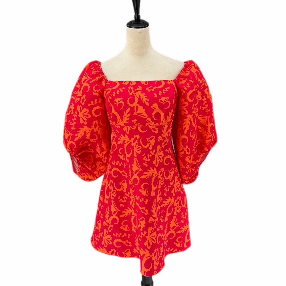 Sachin & Babi x Anthropologie Bright Puff-Sleeve V-Neck Taffeta Pink Mini Dress